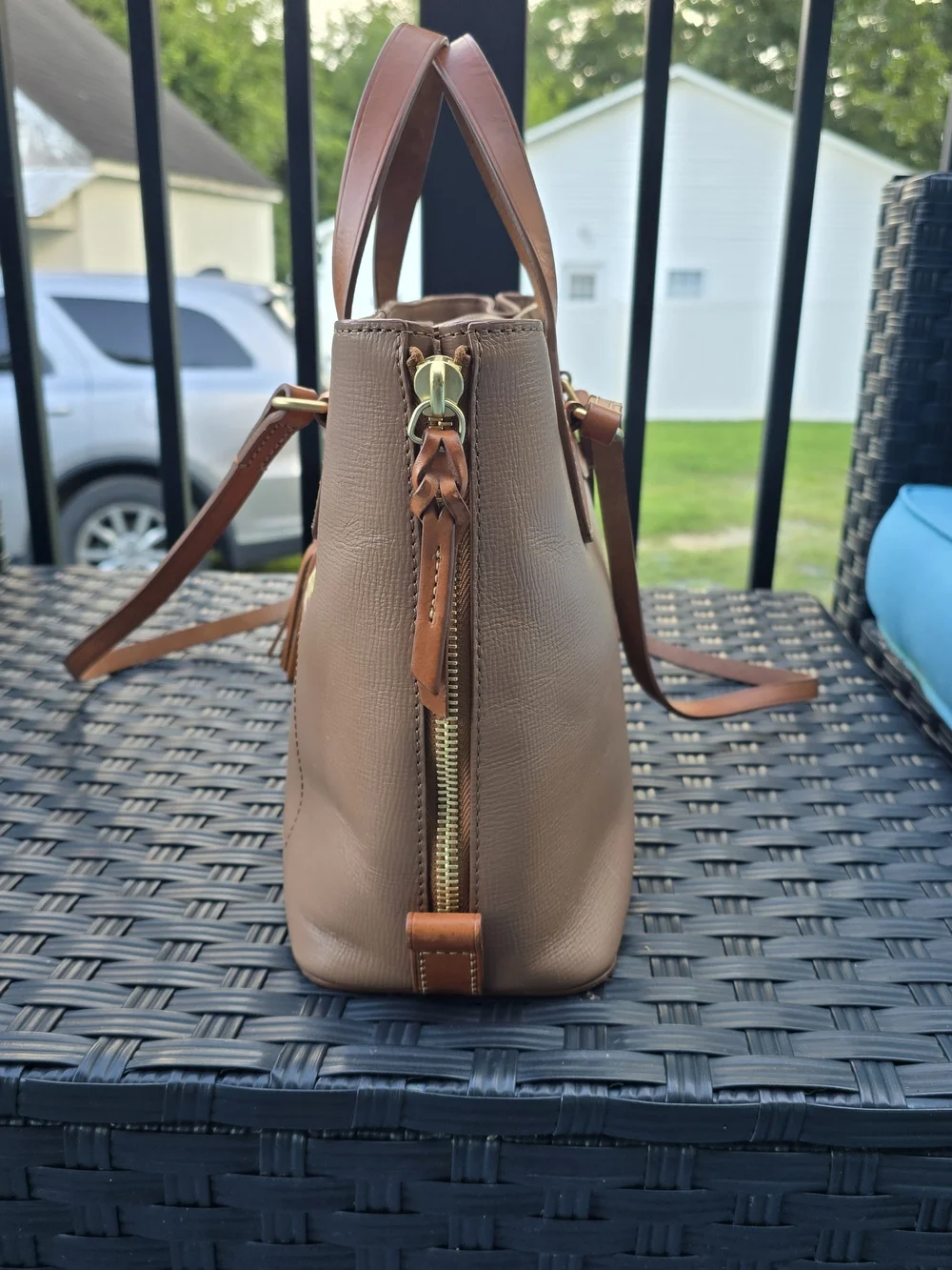 Dooney & Bourke Brown Leather Tote with Tan Trim and Tassel